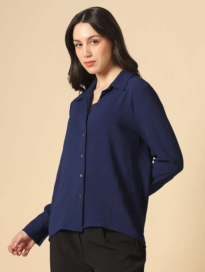 women solid collared long sleeve shirt - 22085224 -  Standard Image - 1