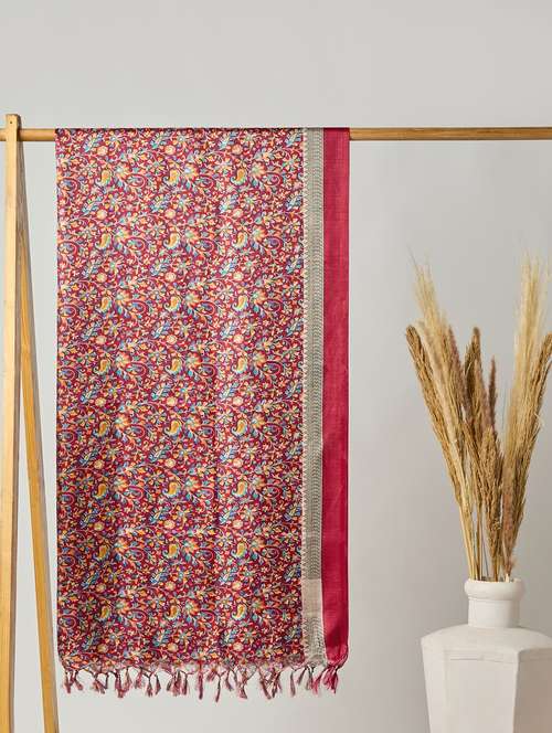 globus women red floral print silk tasselled border dupatta - 22085225 -  Standard Image - 0