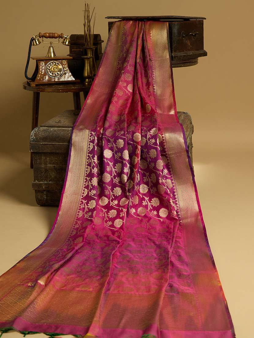 globus women pink floral woven design silk tasselled border festive dupatta - 22085227 -  Standard Image - 1