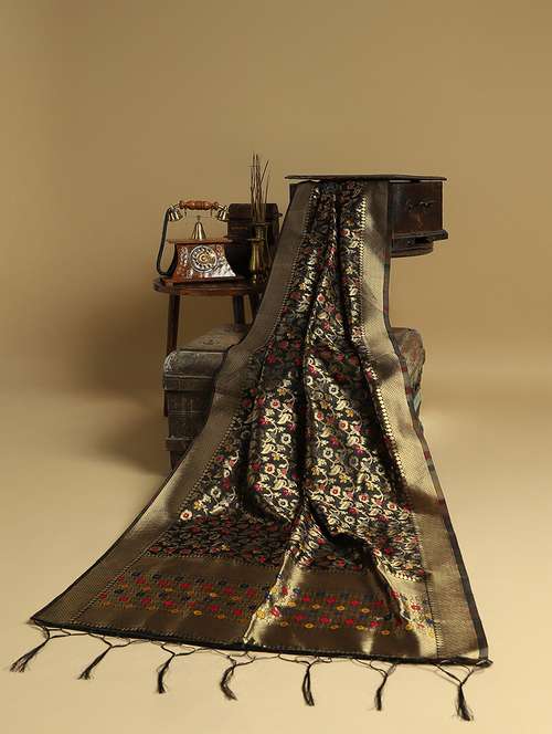 black brocade silk blend floral festive dupatta - 22085235 -  Standard Image - 0