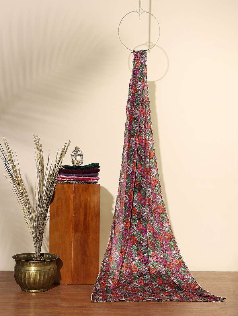 globus women pink gold foil ethnic print chinon gotta patti border festive dupatta