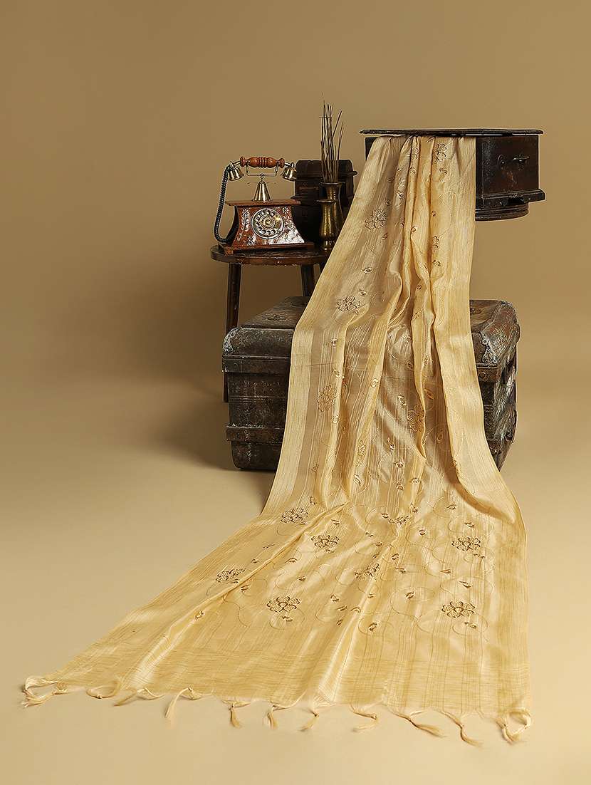globus women gold floral zari embroidered silk tasselled border festive dupatta