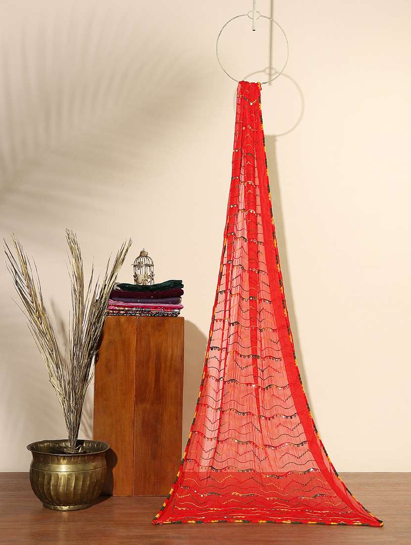 globus women red phulkari embroidered chiffon taping border festive dupatta