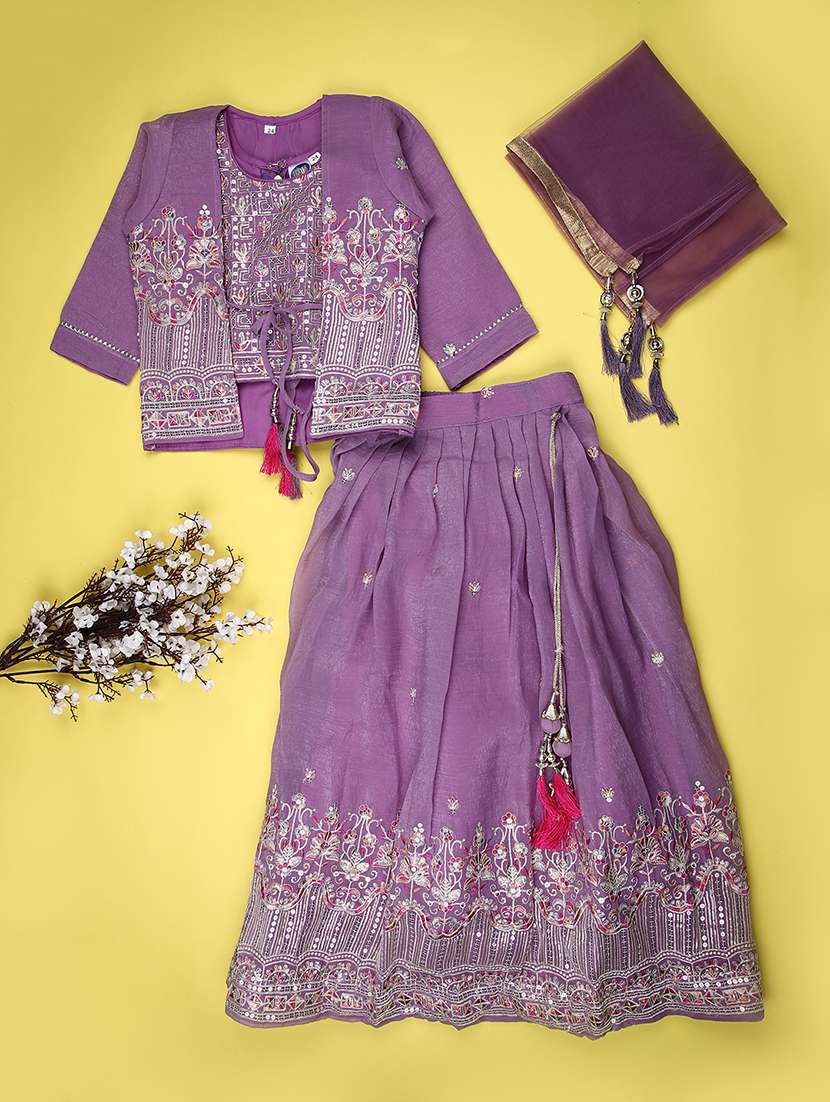 Girls Solid With Work Sleeveless Lehenga Choli Set - 22085313 -  Standard Image - 1