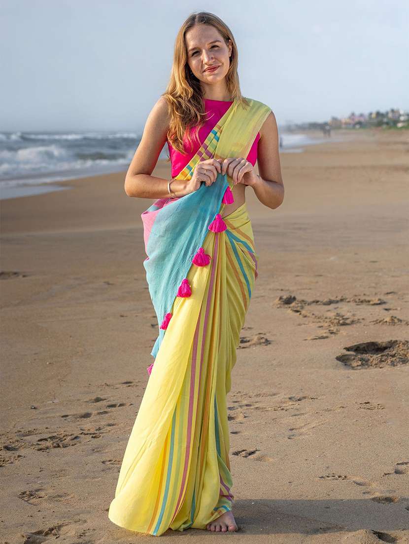 women striped handloom saree with blouse