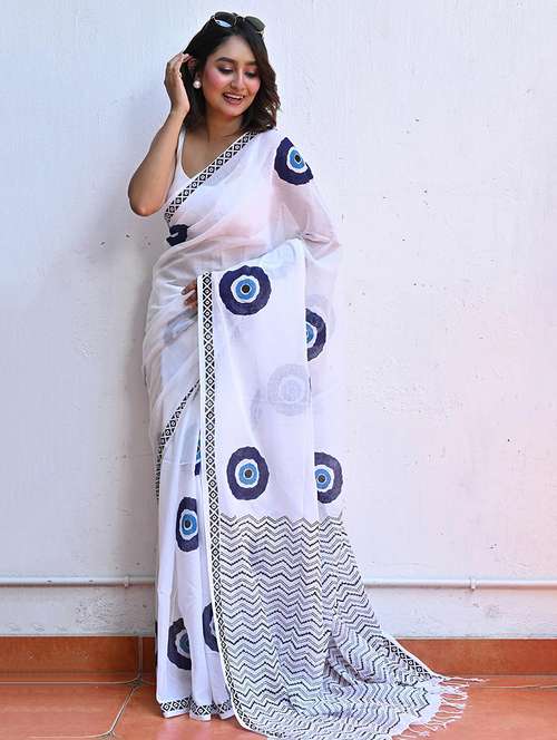 women white printed saree with blouse - 22085852 -  Standard Image - 0