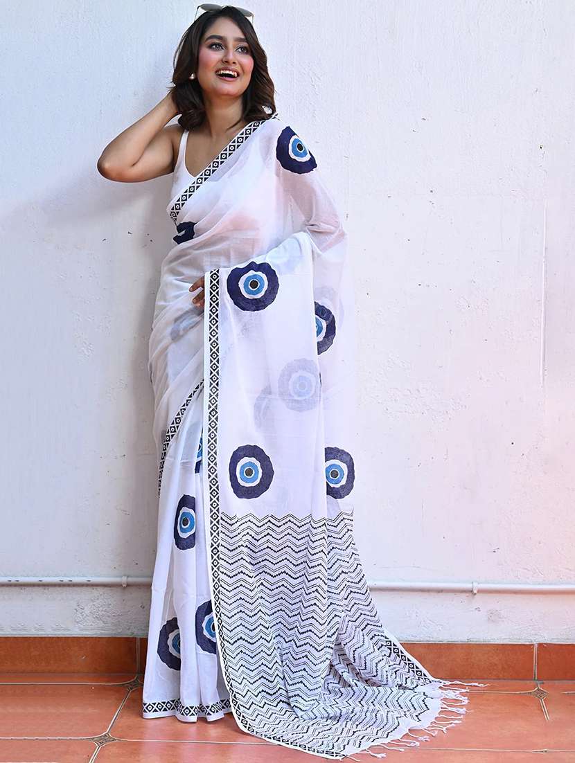 women white printed saree with blouse - 22085852 - Standard Image - 1