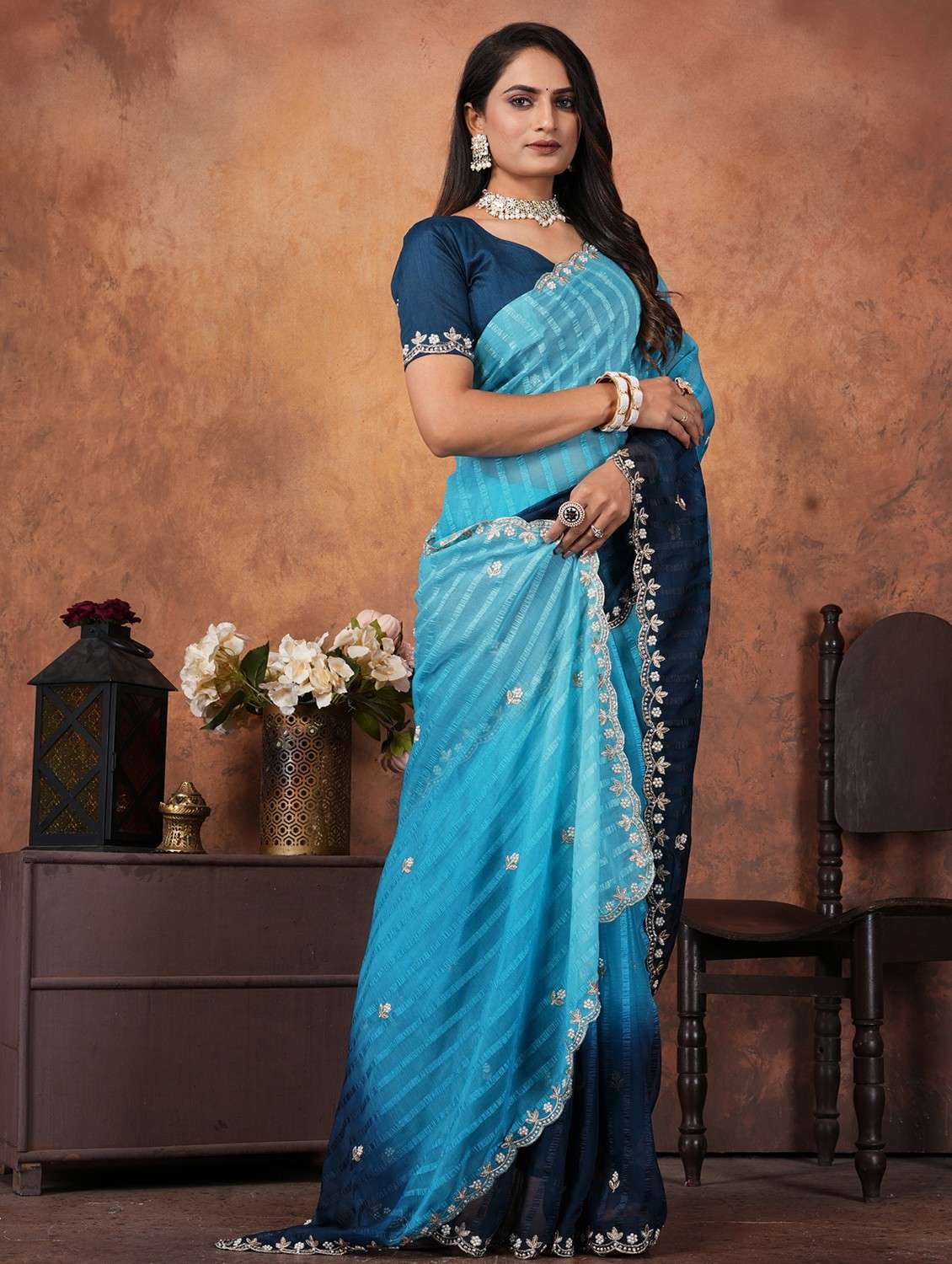 women ombre embroidered saree with blouse - 22085894 - Standard Image - 1