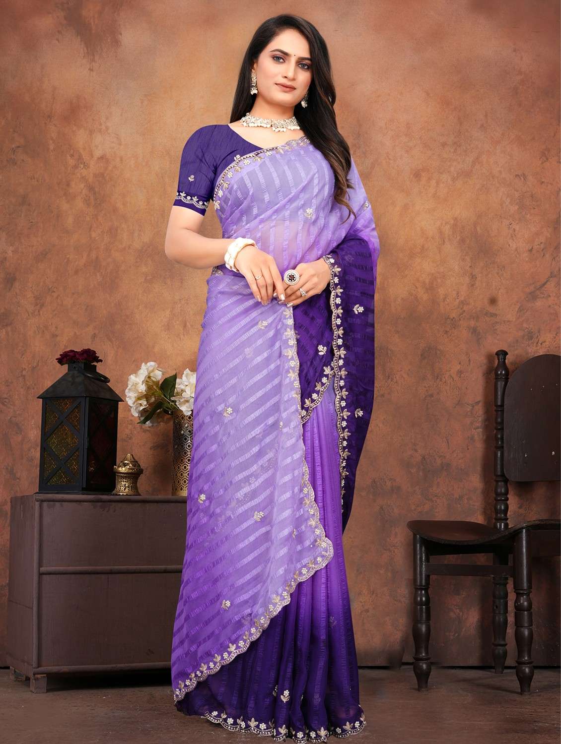 women ombre embroidered saree with blouse - 22085895 -  Standard Image - 1