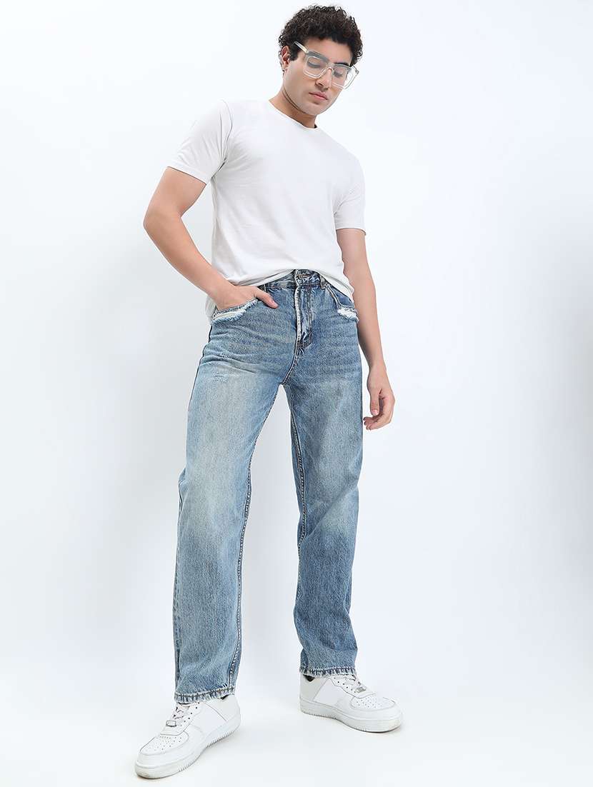 men washed mid rise full length straight fit jeans - 22085974 - Standard Image - 4