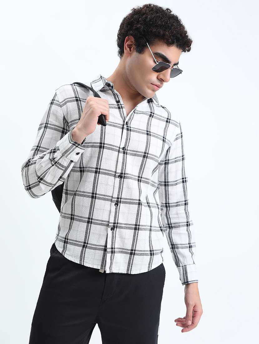men checkered long sleeve slim fit casual shirt