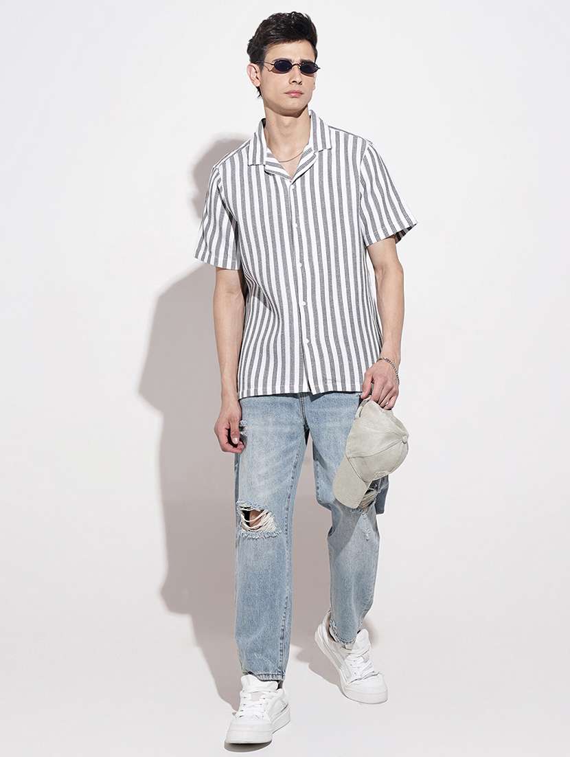 men striped short sleeve loose fit casual shirt - 22086093 -  Standard Image - 1