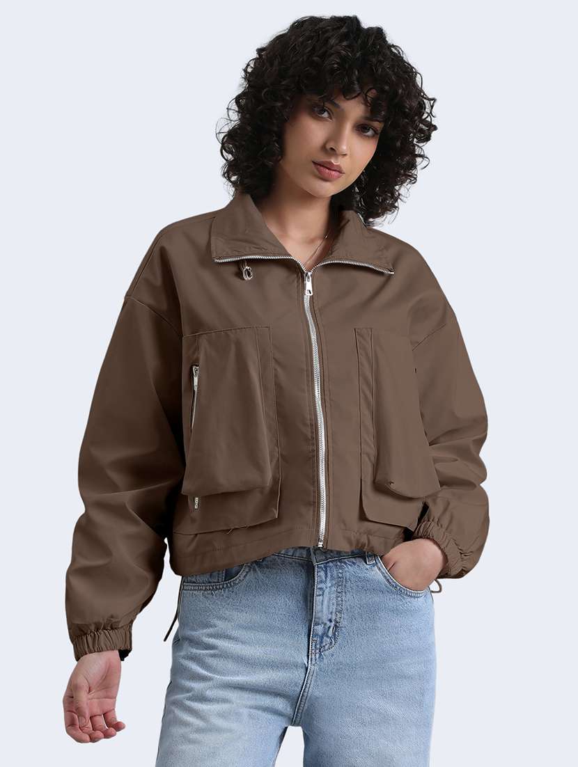 women solid long sleeve cropped biker jacket - 22086217 -  Standard Image - 1