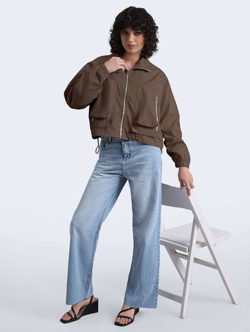 women solid long sleeve cropped biker jacket - 22086217 - Standard Image - 4