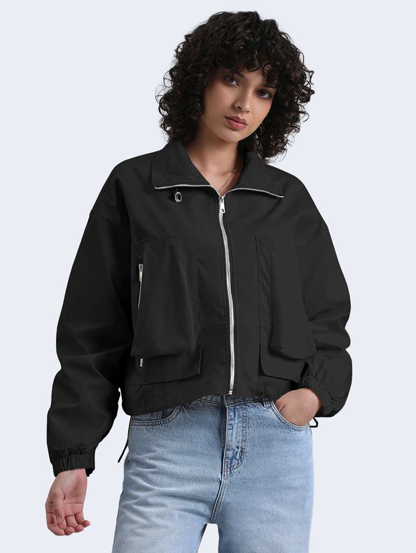 women solid long sleeve cropped biker jacket - 22086218 - Standard Image - 1