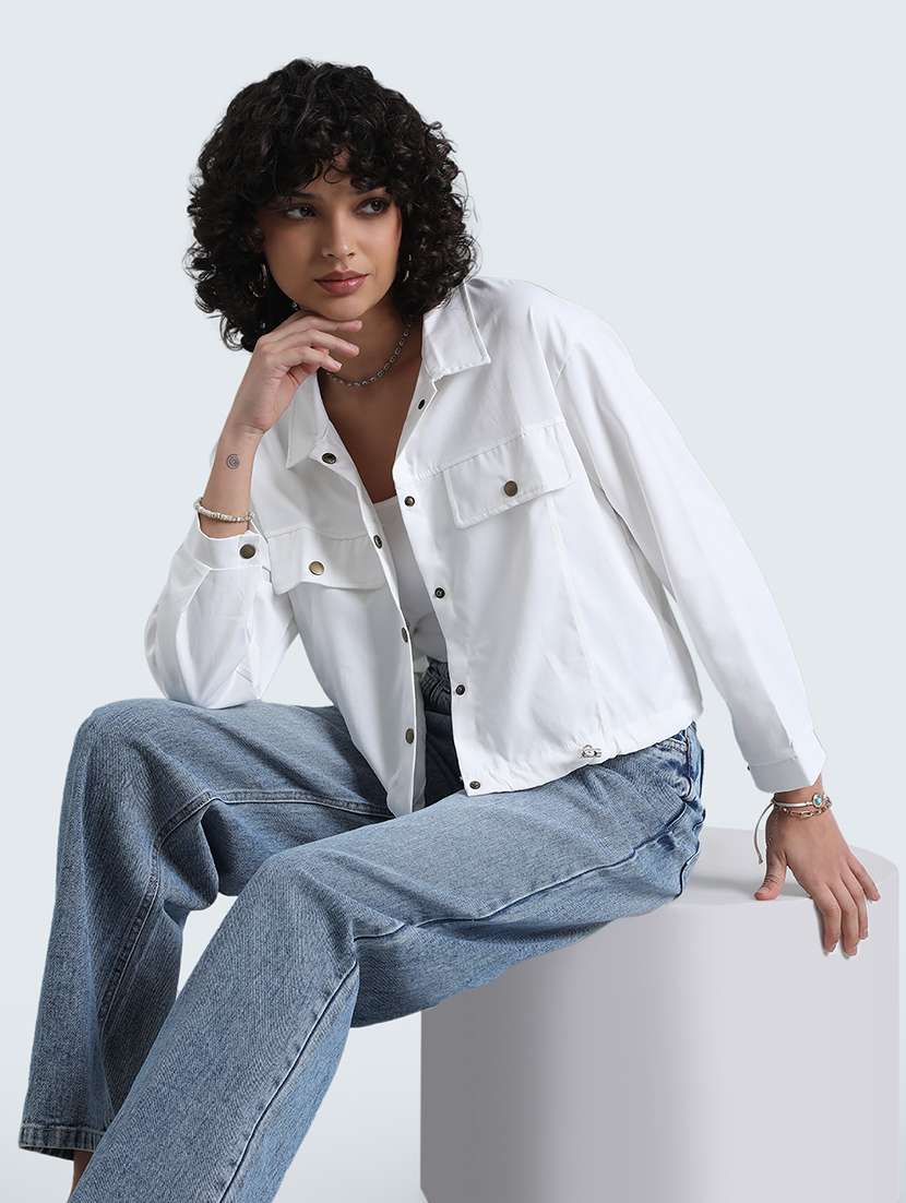 women white solid long sleeve collared regular jacket - 22086220 -  Zoom Image - 0