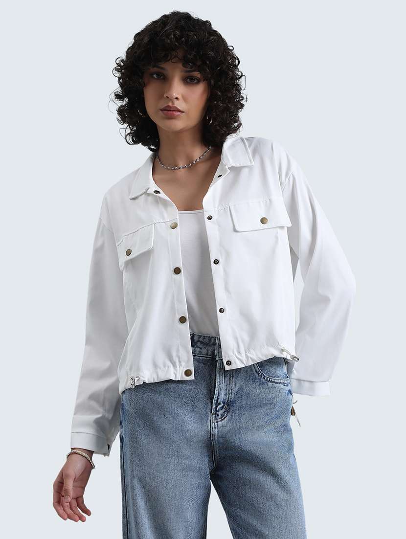 women white solid long sleeve collared regular jacket - 22086220 -  Standard Image - 1