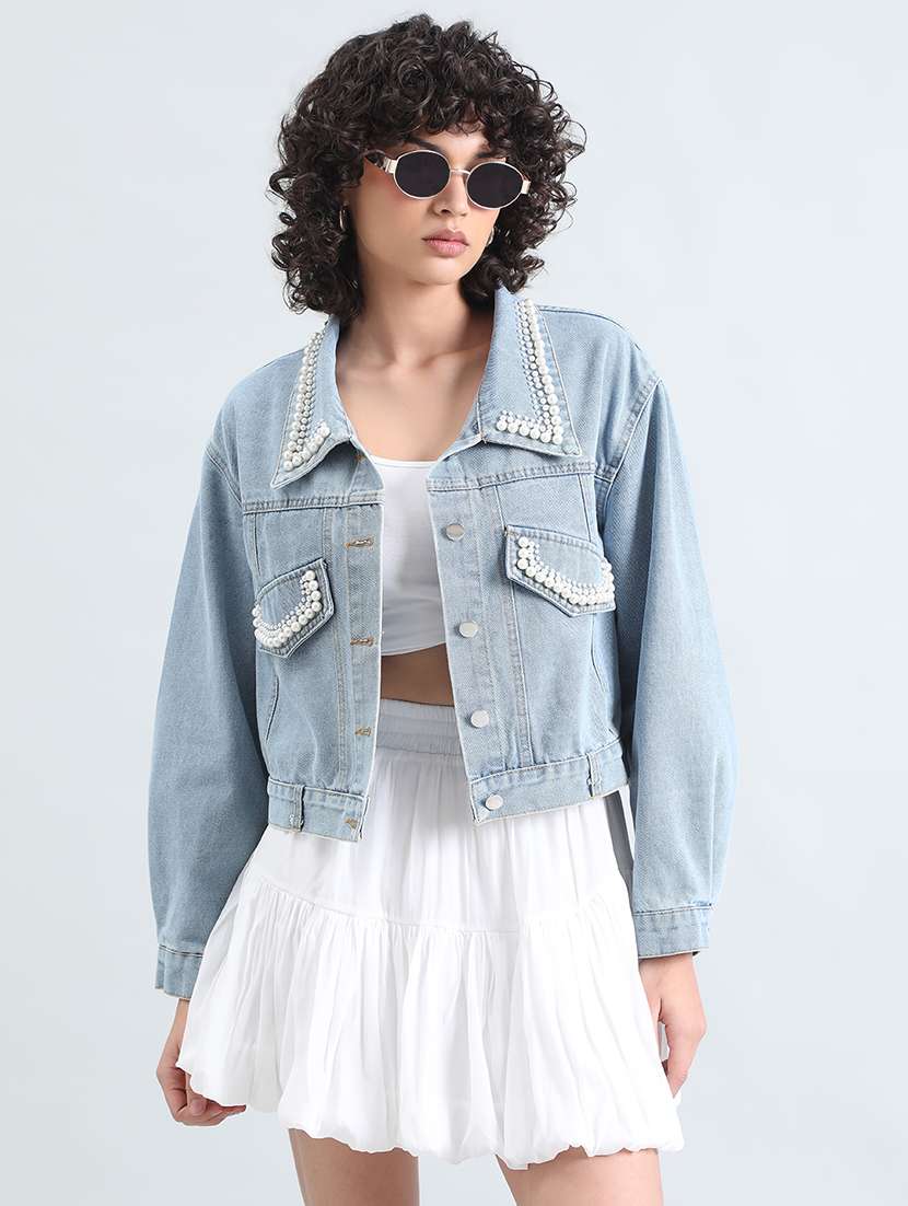 women embellished long sleeve cropped denim jacket - 22086221 -  Standard Image - 1