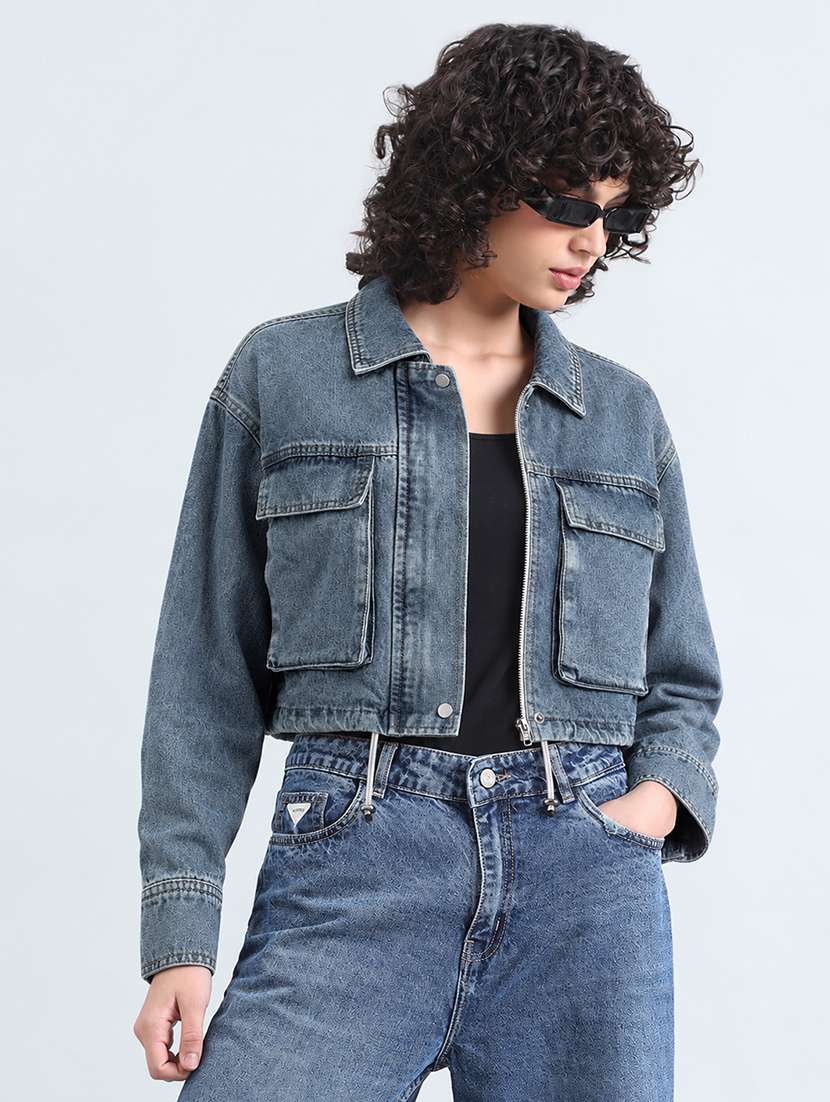 women solid long sleeve cropped denim jacket