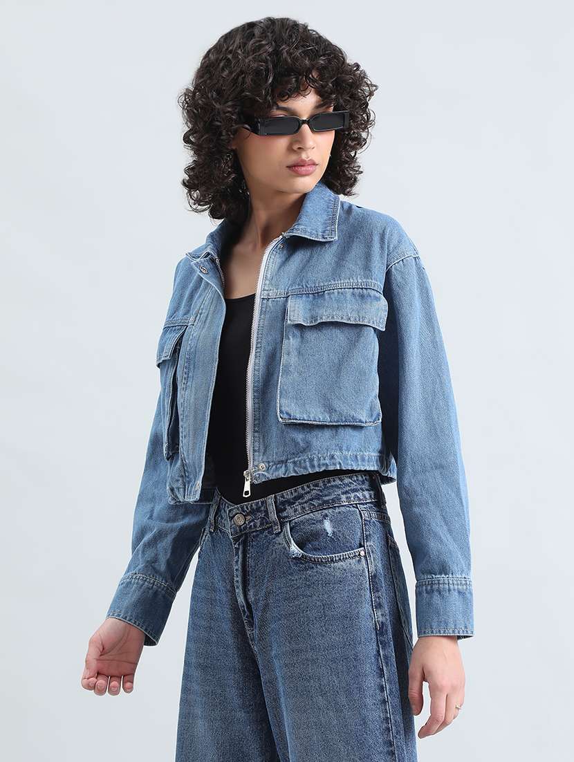 women solid long sleeve cropped denim jacket - 22086222 -  Standard Image - 1
