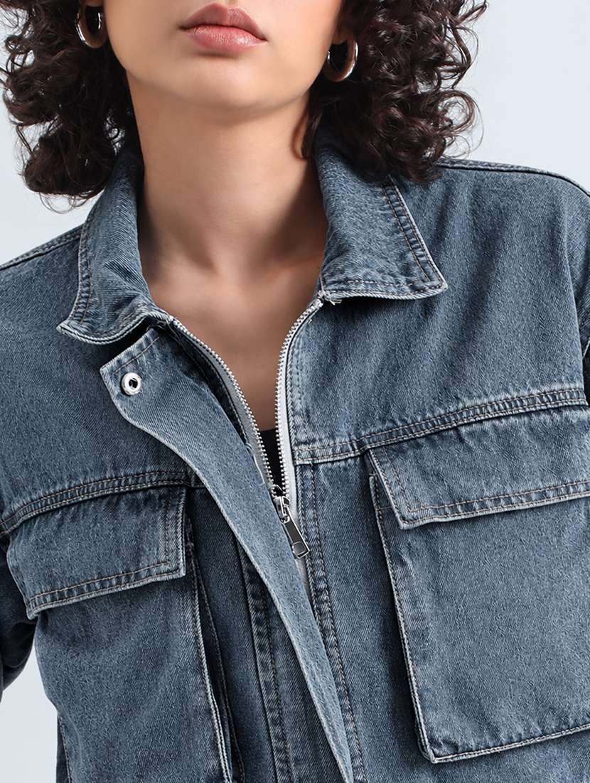 Women Solid Long Sleeve Cropped Denim Jacket - 22086222 -  Standard Image - 1