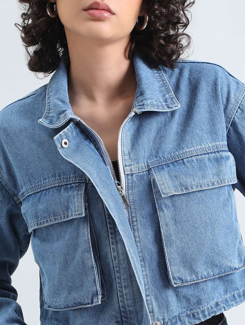 women solid long sleeve cropped denim jacket - 22086222 -  Standard Image - 4