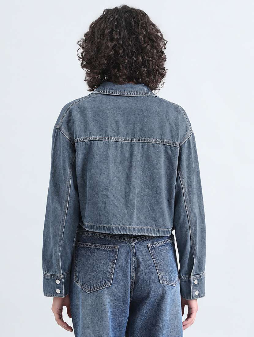 Women Solid Long Sleeve Cropped Denim Jacket - 22086222 -  Standard Image - 4