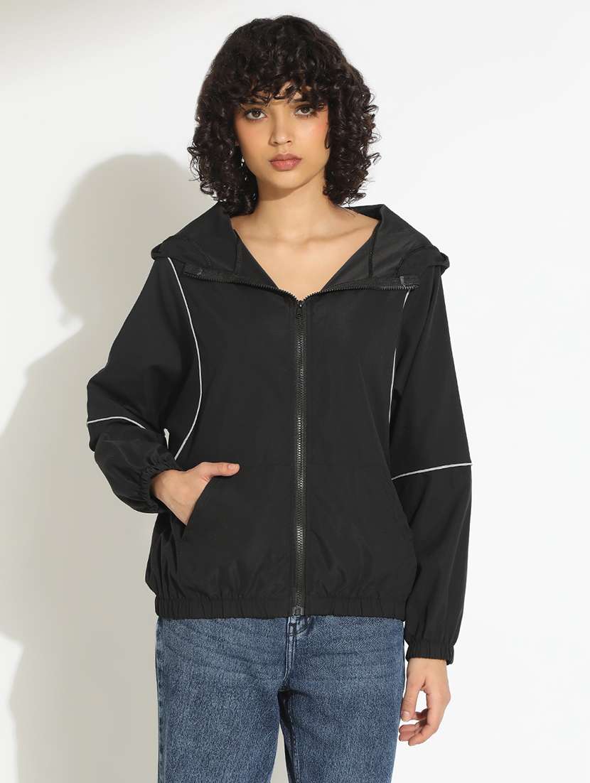 women black solid long sleeve hooded bomber jacket - 22086223 -  Standard Image - 1