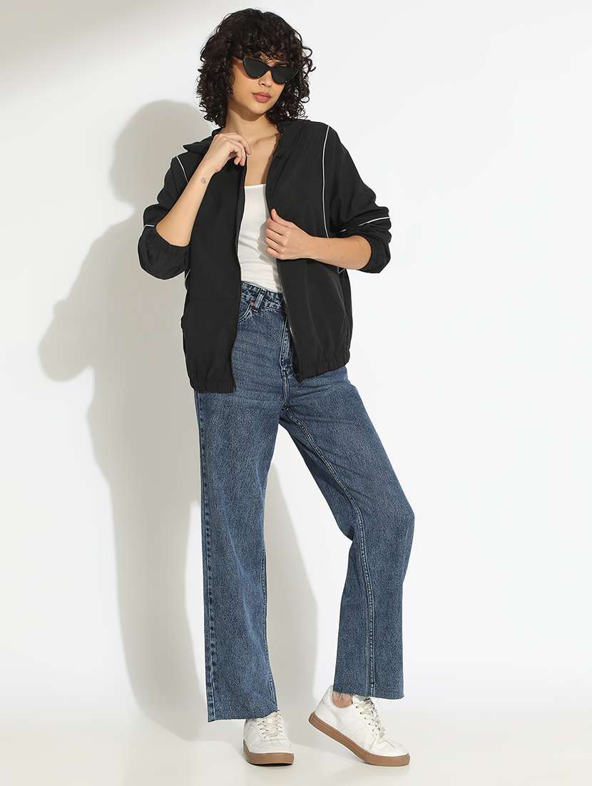 women black solid long sleeve hooded bomber jacket - 22086223 -  Standard Image - 6