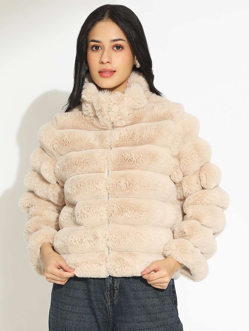 women solid long sleeve faux fur jacket - 22086224 - Standard Image - 1