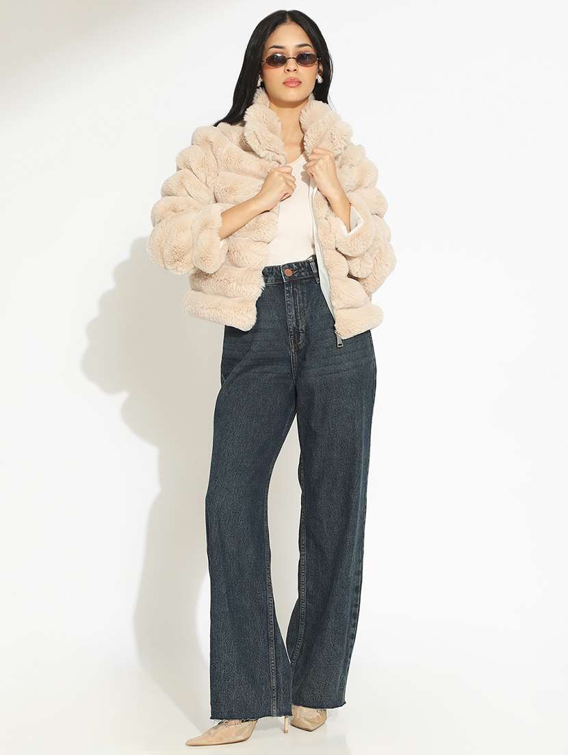 women solid long sleeve faux fur jacket - 22086224 - Standard Image - 4