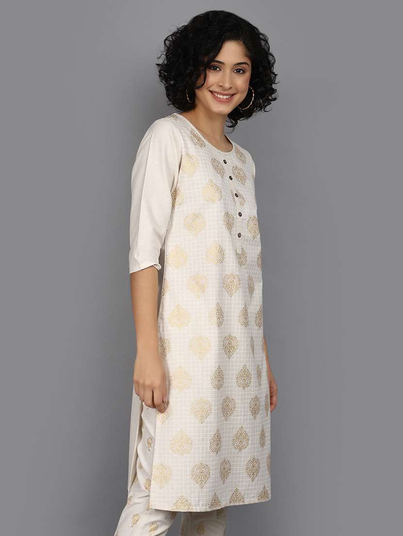 women foil printed three quarter sleeve straight kurta - 22086228 -  Standard Image - 1
