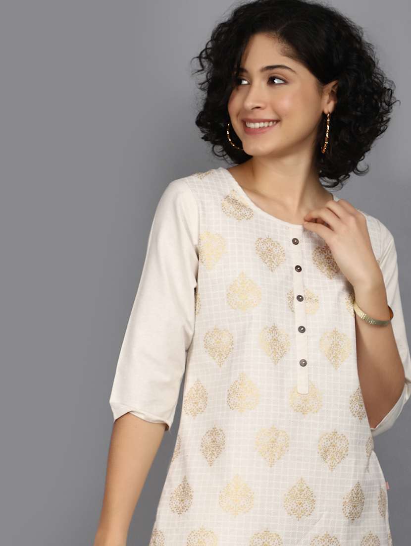 women foil printed three quarter sleeve straight kurta - 22086228 -  Standard Image - 4