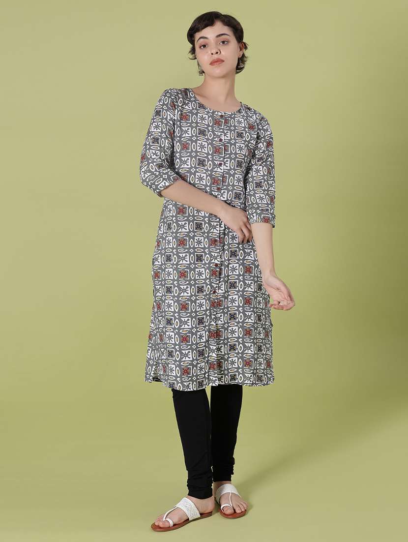 women printed three quarter sleeve straight kurta