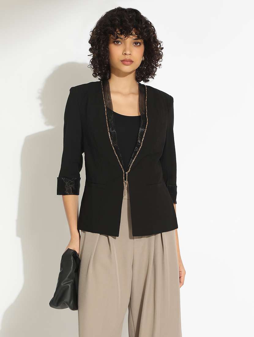 women black solid three quarter sleeve single breasted blazer - 22086230 -  Standard Image - 1