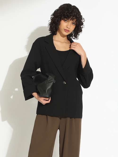 women black solid long sleeve double breasted blazer - 22086232 -  Standard Image - 0