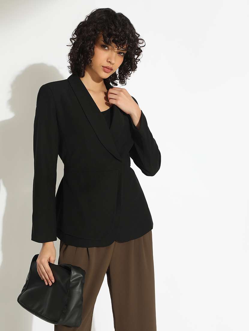 women solid long sleeve double breasted blazer