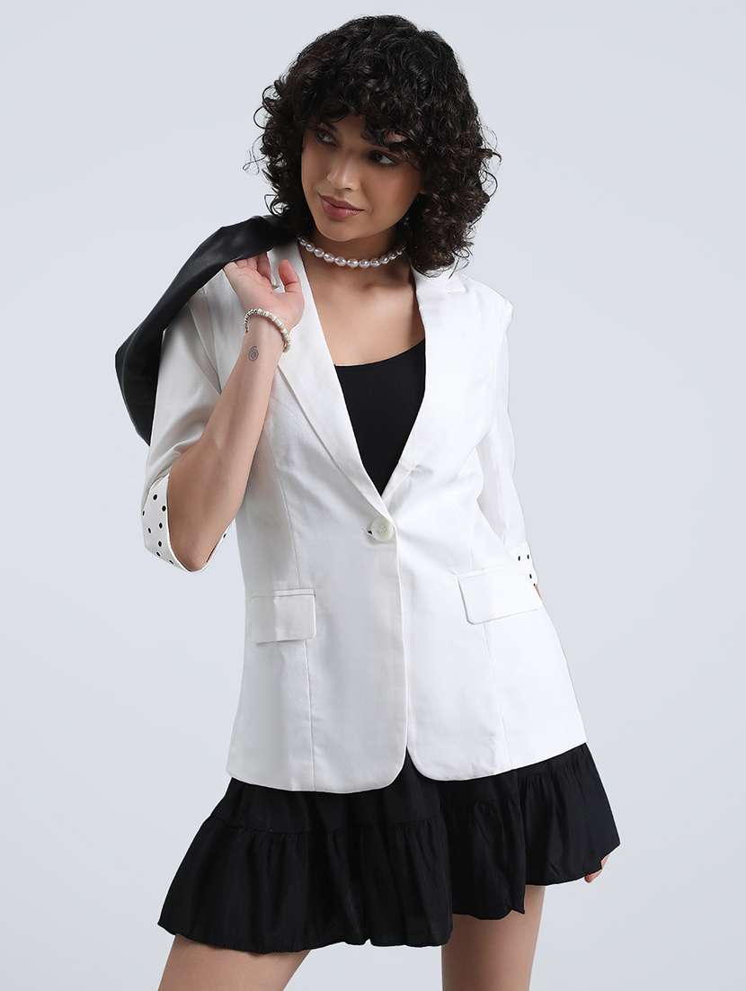 women solid three quarter sleeve single breasted blazer