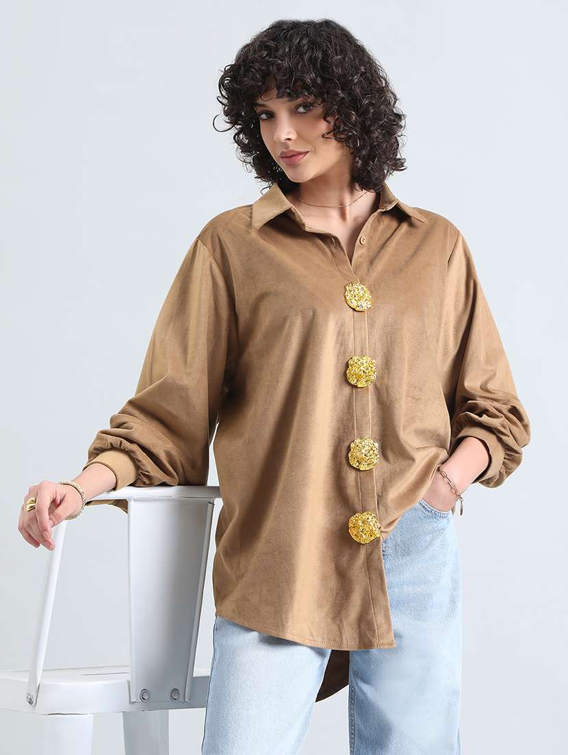 women solid long sleeve collared oversized shirt