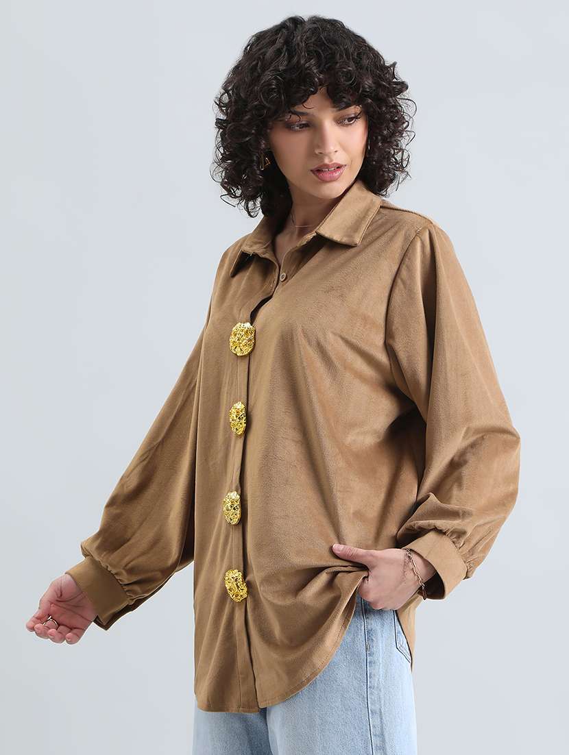 women solid long sleeve collared oversized shirt - 22086242 -  Standard Image - 1
