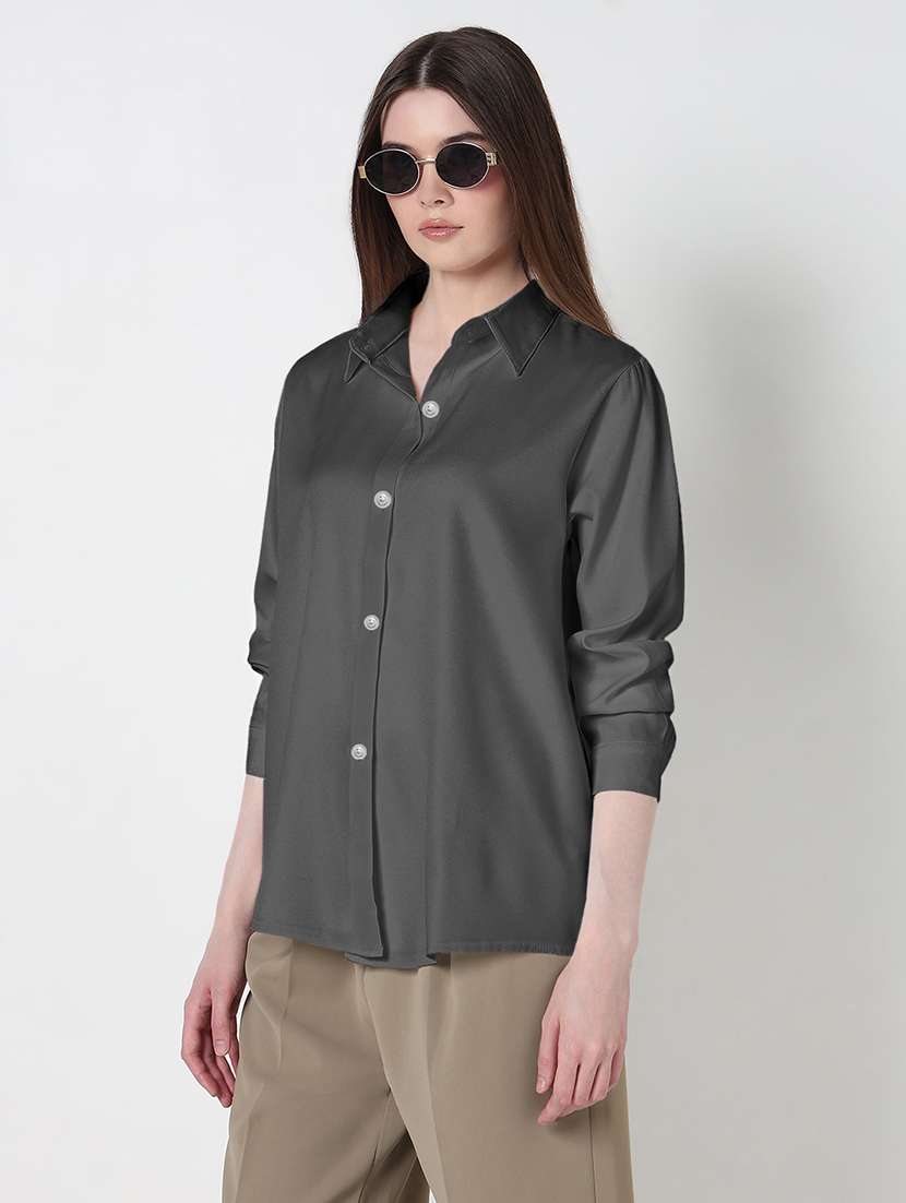 women solid long sleeve collared high low shirt - 22086243 -  Standard Image - 1