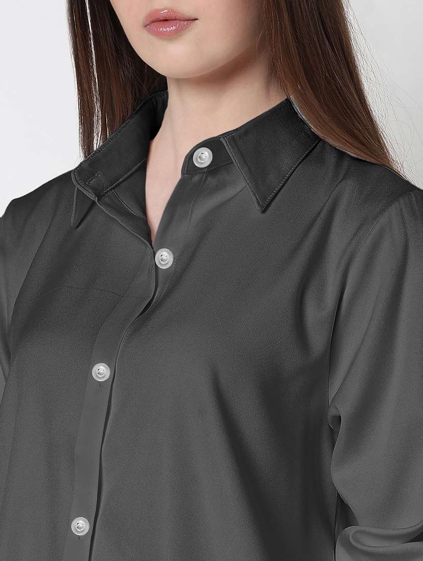 women solid long sleeve collared high low shirt - 22086243 -  Standard Image - 4