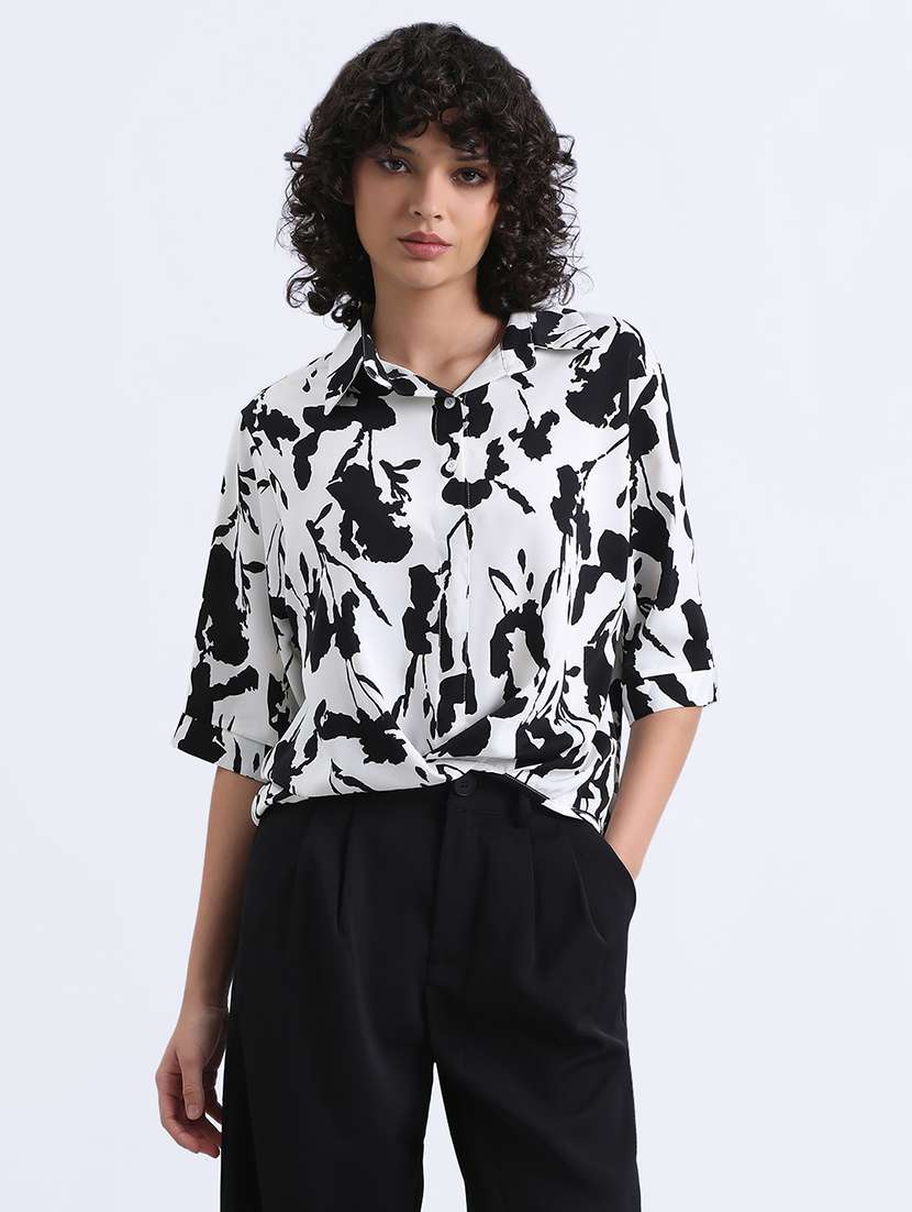 women printed collared high low shirt - 22086244 -  Standard Image - 1