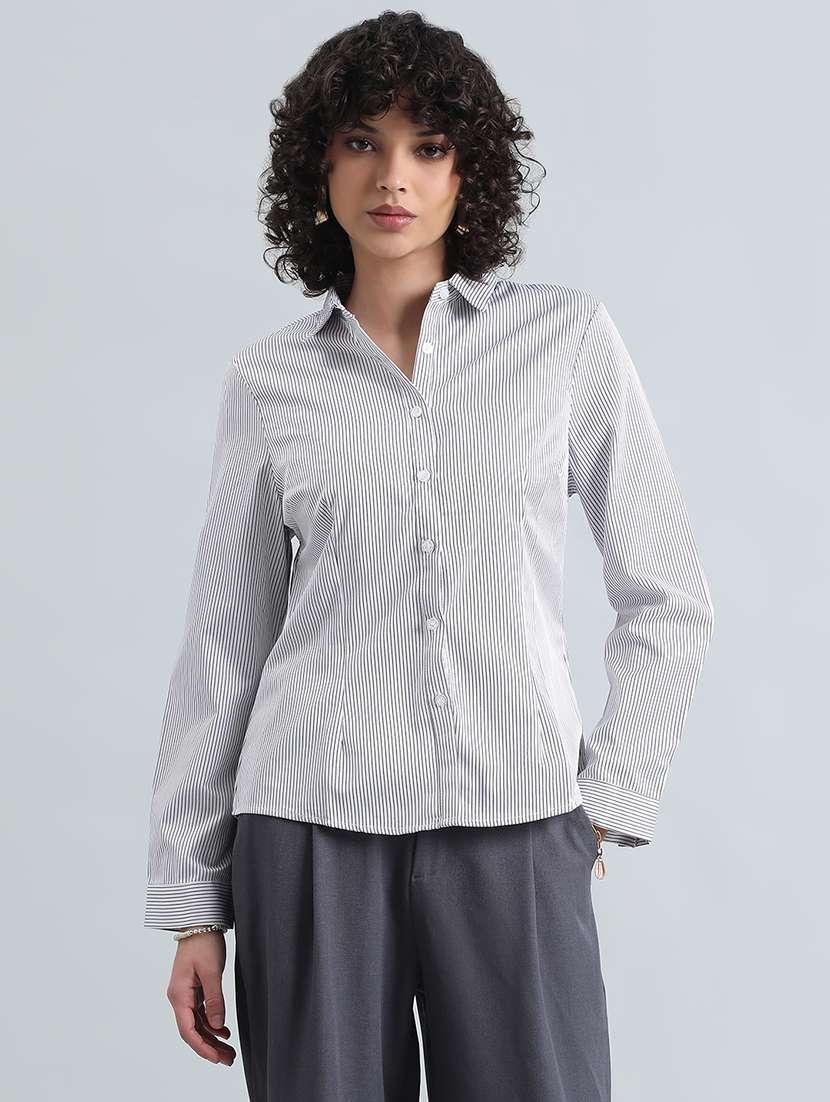 women striped long sleeve collared shirt - 22086247 - Standard Image - 1