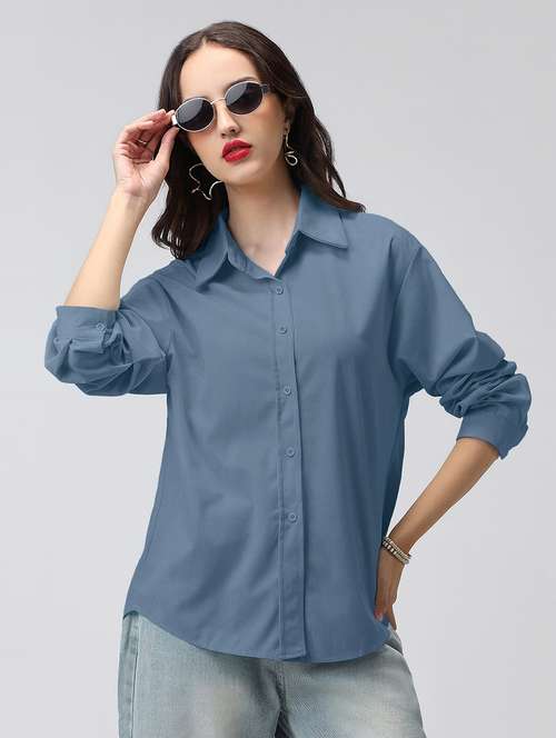 women solid collarerd long sleeve oversized shirt - 22086250 - Standard Image - 0