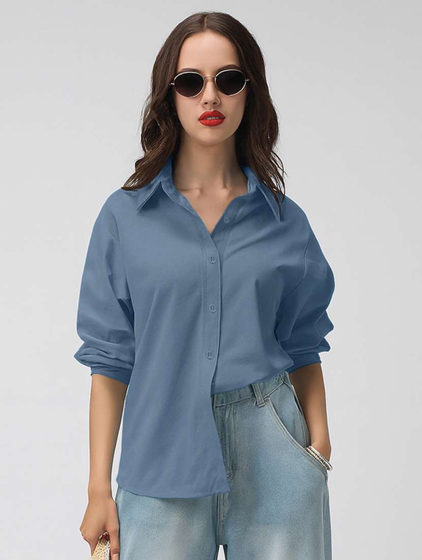 women solid collarerd long sleeve oversized shirt - 22086250 - Standard Image - 1
