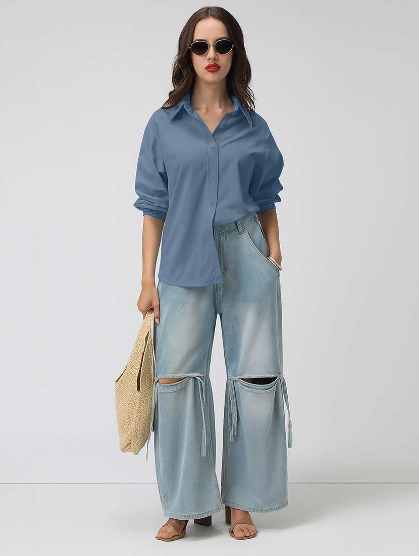 women solid collarerd long sleeve oversized shirt - 22086250 - Standard Image - 6