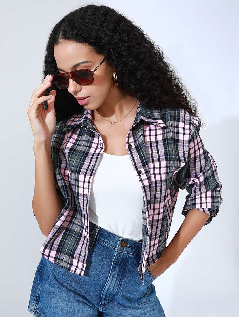women checkered collared long sleeve crop shirt