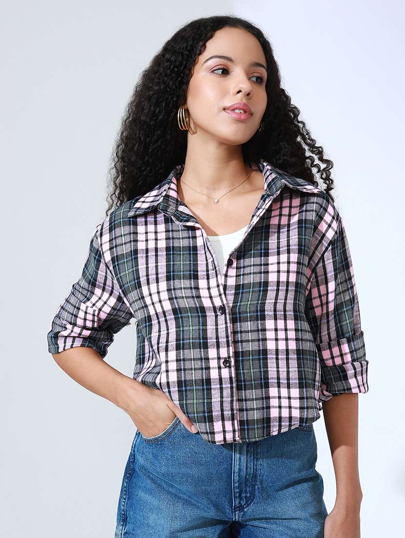 women checkered collared long sleeve crop shirt - 22086251 - Standard Image - 1