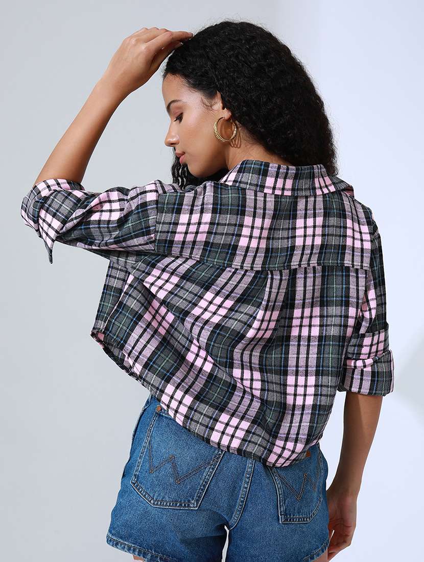 women checkered collared long sleeve crop shirt - 22086251 - Standard Image - 4